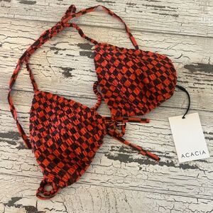 ACACIA Red and Brown Checker Print Bikini Top NWT S